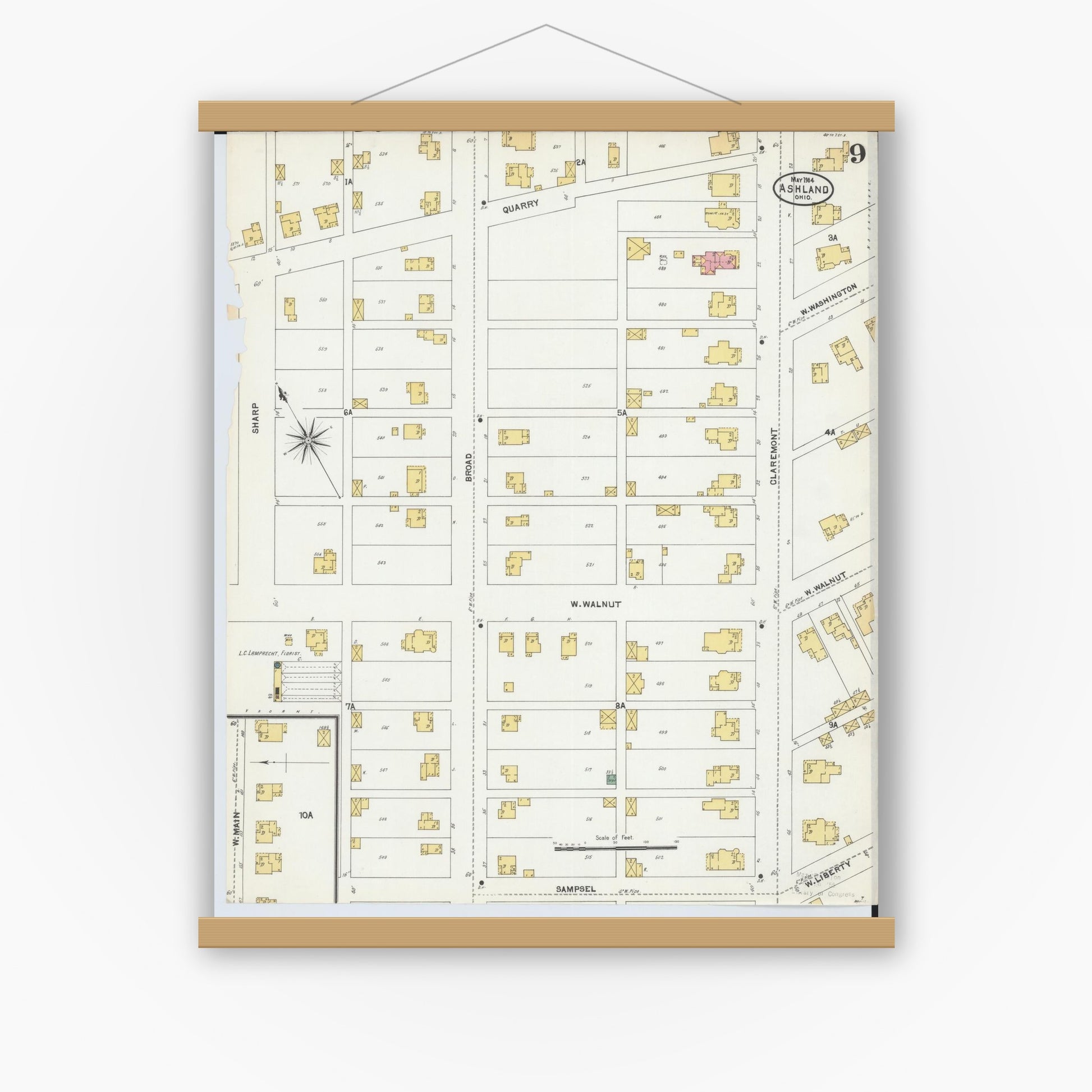 Old map wall art mockup — magnetic wood frame on white wall — Sanborn Fire Insurance Map from Ashland, Ashland County, Ohio (1904), Sheet #0009
