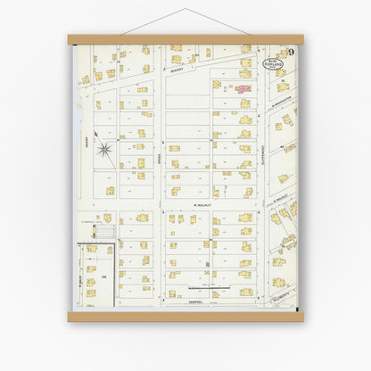 Old map wall art mockup — magnetic wood frame on white wall — Sanborn Fire Insurance Map from Ashland, Ashland County, Ohio (1904), Sheet #0009