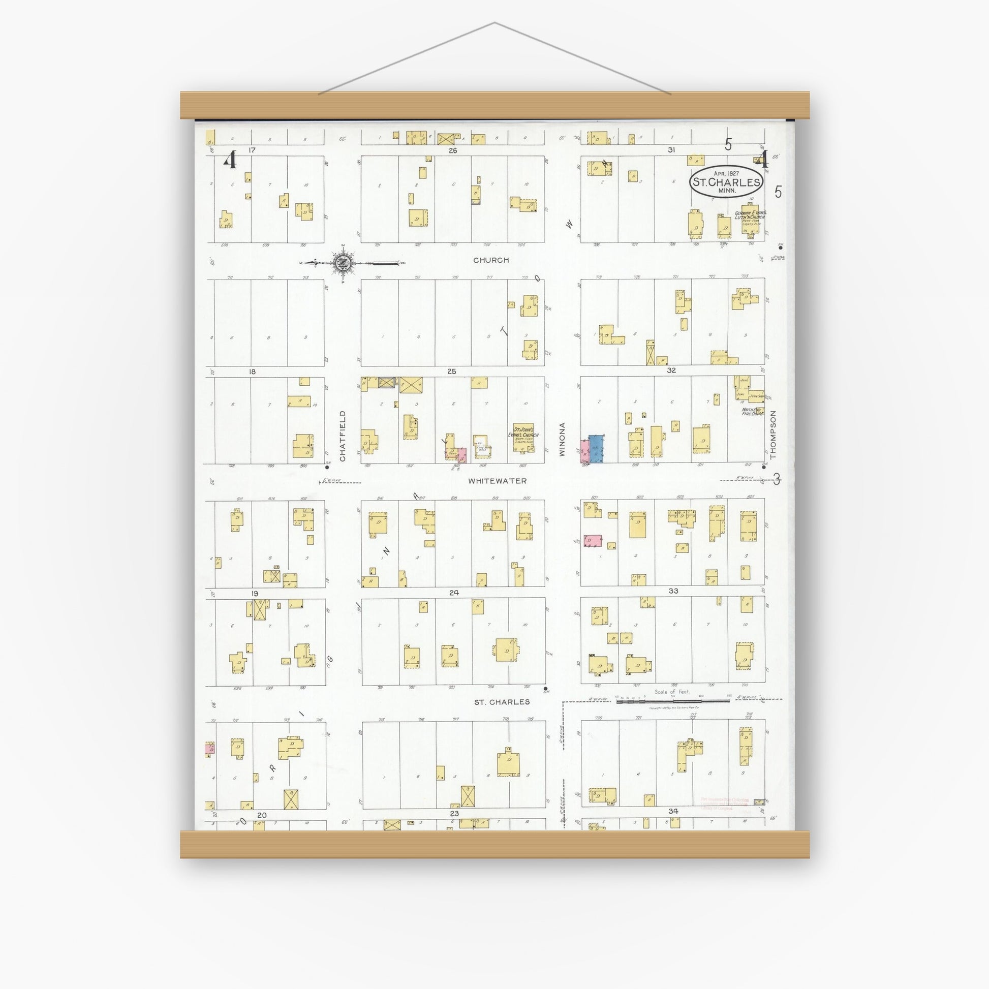 Old map wall art mockup — magnetic wood frame on white wall — Sanborn Fire Insurance Map from Saint Charles, Winona County, Minnesota (1927), Sheet #0004