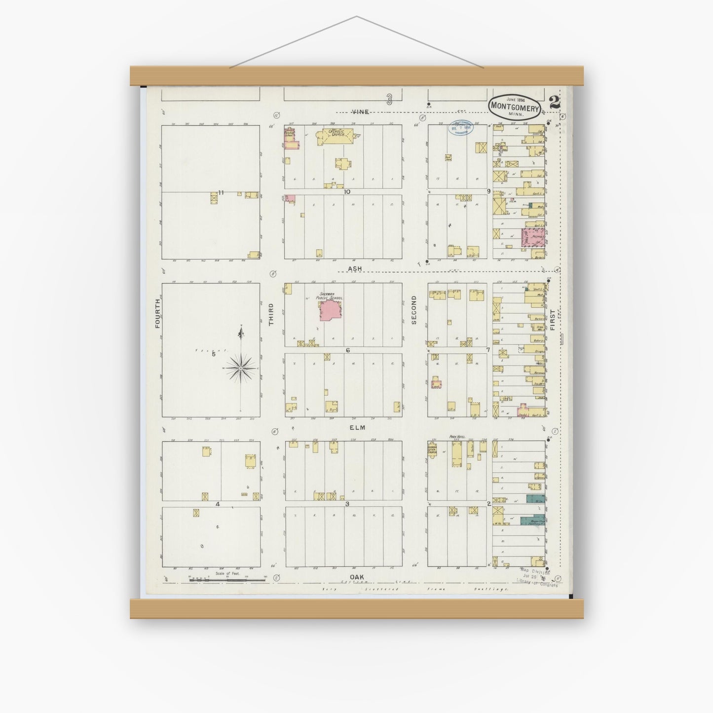Old map wall art mockup — magnetic wood frame on white wall — Sanborn Fire Insurance Map from Montgomery, Le Sueur  County, Minnesota (1894), Sheet #0002