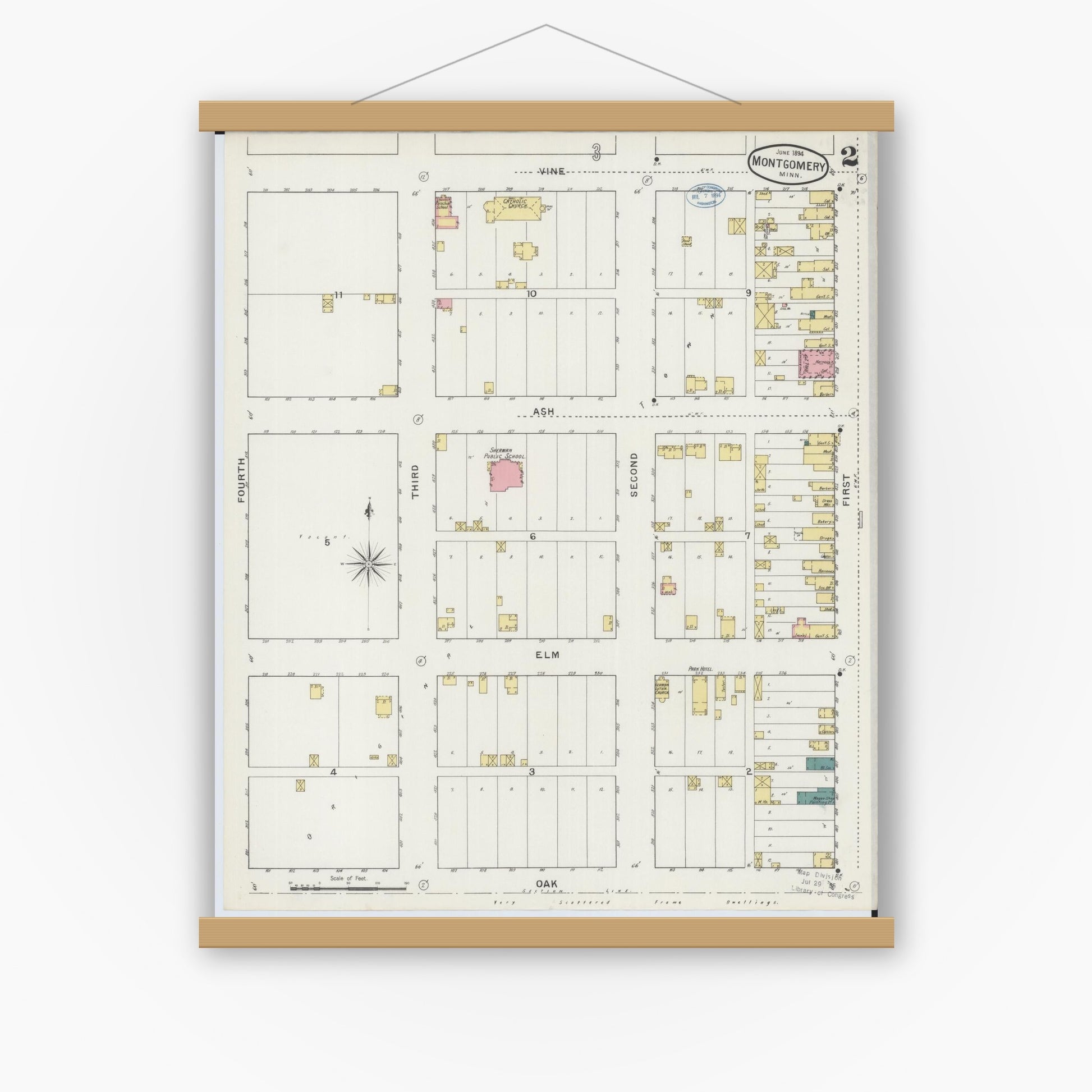 Old map wall art mockup — magnetic wood frame on white wall — Sanborn Fire Insurance Map from Montgomery, Le Sueur  County, Minnesota (1894), Sheet #0002