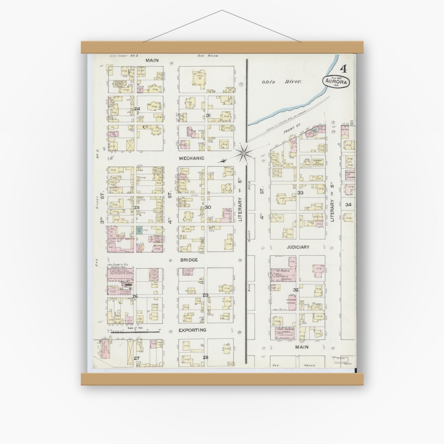 Old map wall art mockup — magnetic wood frame on white wall — Sanborn Fire Insurance Map from Aurora, Dearborn County, Indiana (1887), Sheet #0004