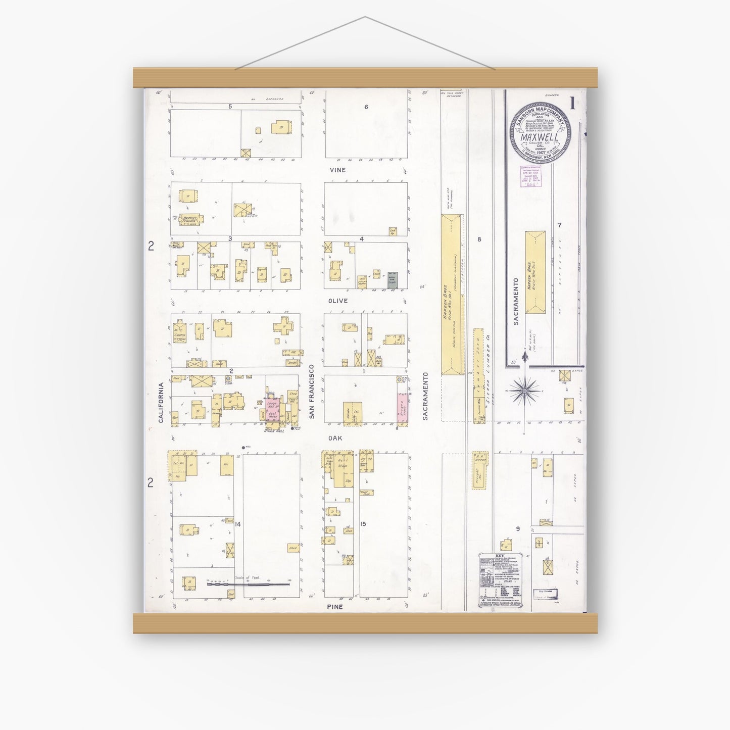 Old map wall art mockup — magnetic wood frame on white wall — Sanborn Fire Insurance Map from Maxwell, Colusa County, California (1907) - Complete Map Set