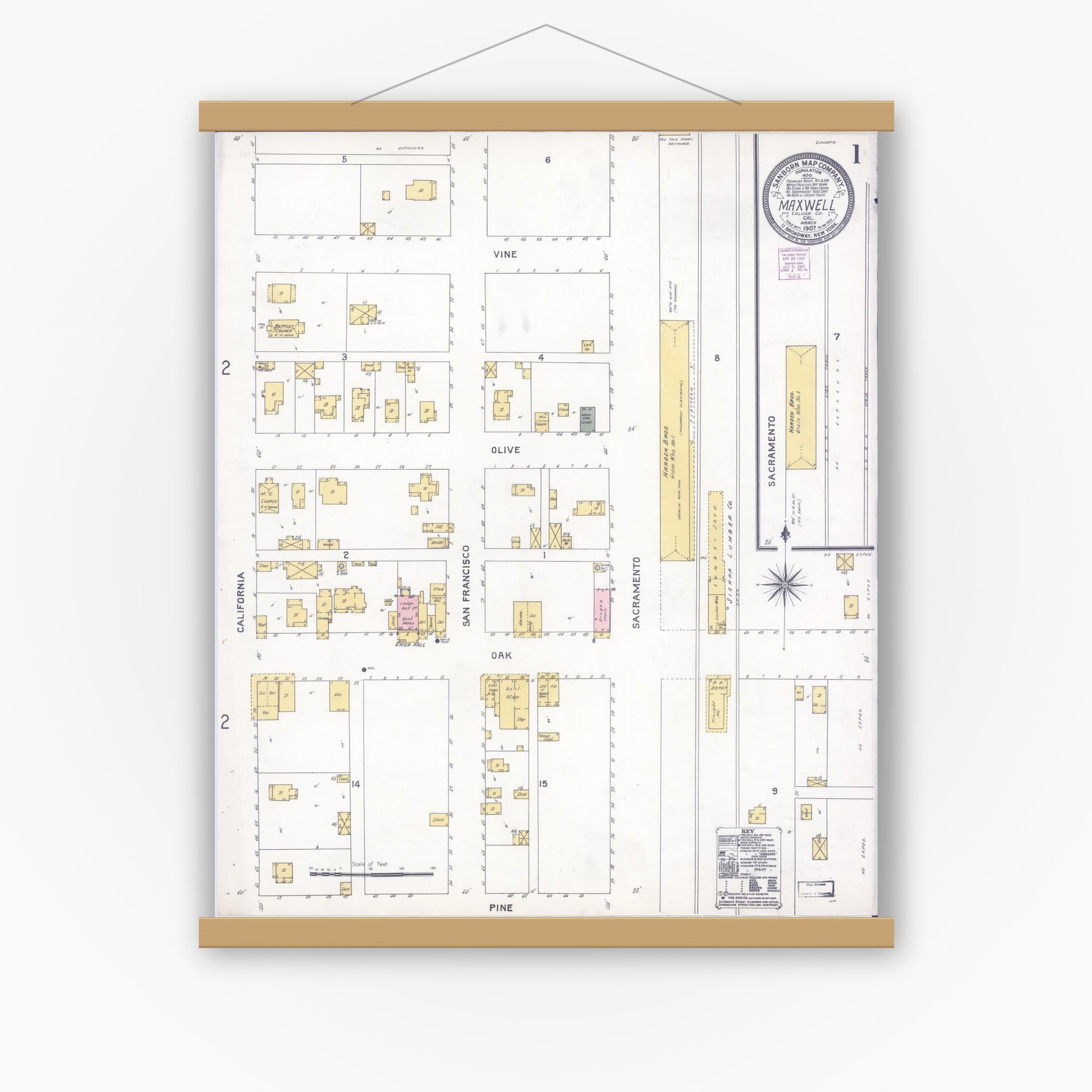 Old map wall art mockup — magnetic wood frame on white wall — Sanborn Fire Insurance Map from Maxwell, Colusa County, California (1907) - Complete Map Set