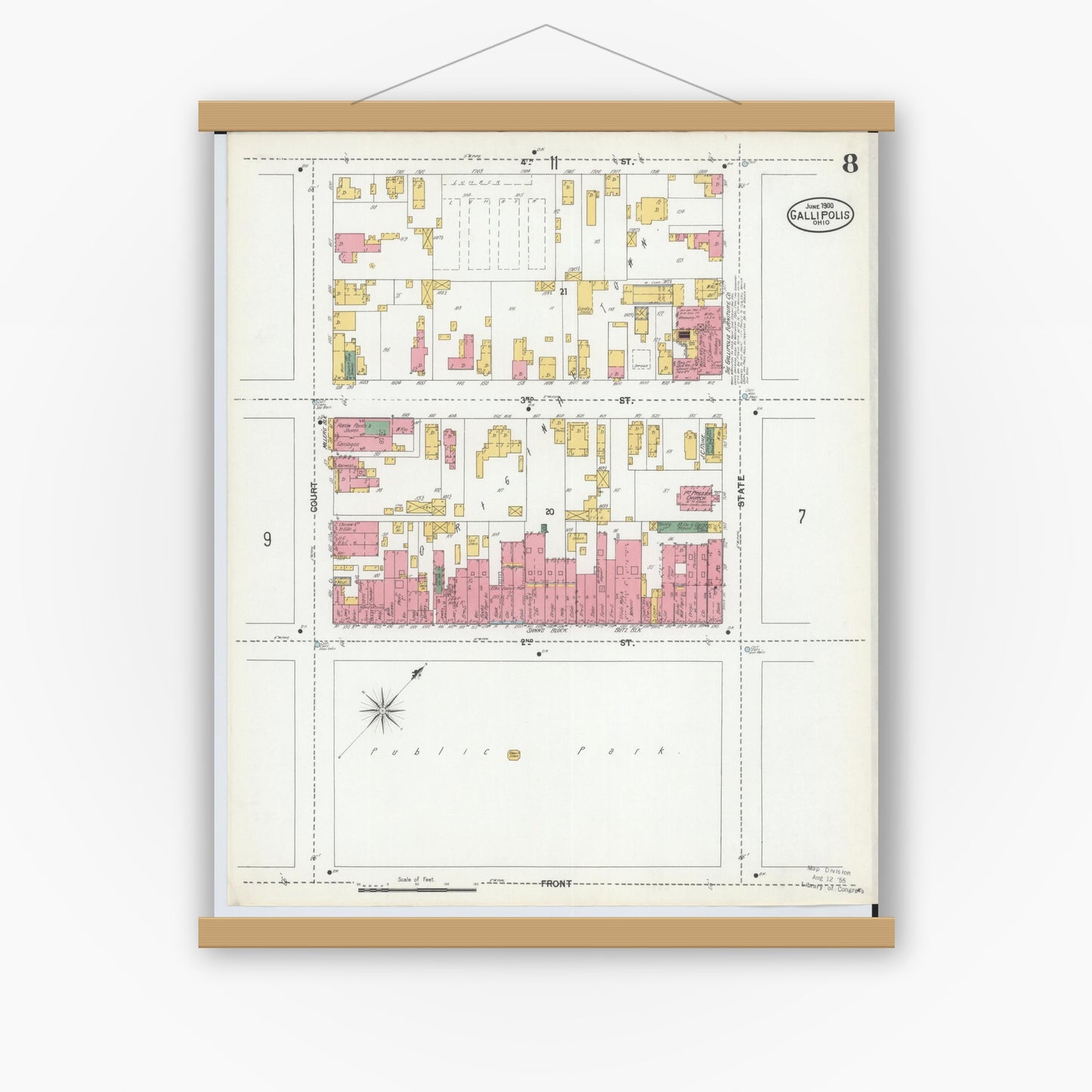 Old map wall art mockup — magnetic wood frame on white wall — Sanborn Fire Insurance Map from Gallipolis, Gallia County, Ohio (1900), Sheet #0008