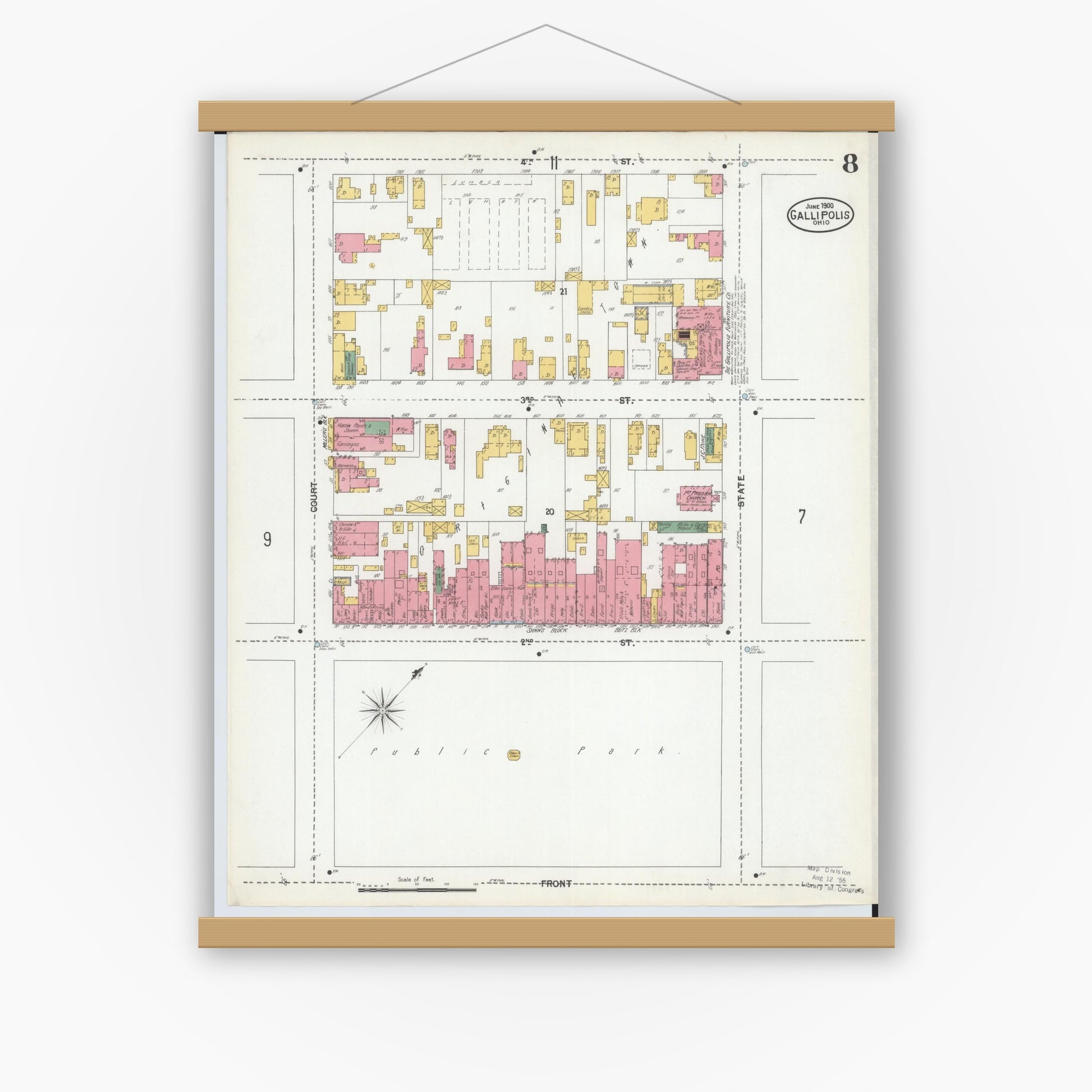 Old map wall art mockup — magnetic wood frame on white wall — Sanborn Fire Insurance Map from Gallipolis, Gallia County, Ohio (1900), Sheet #0008