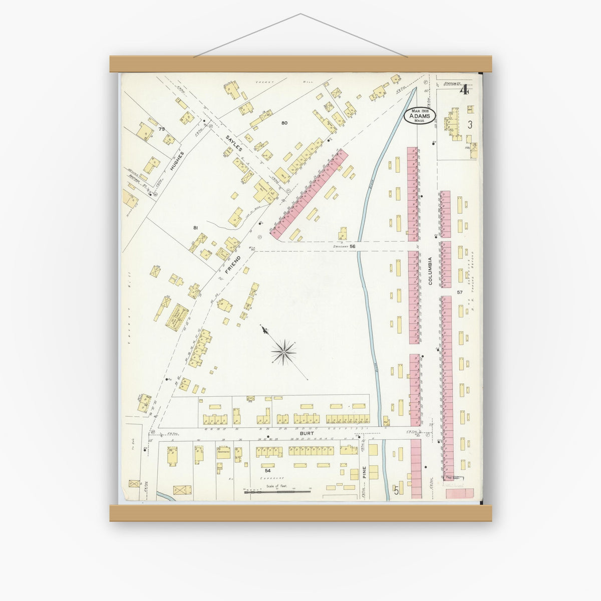 Old map wall art mockup — magnetic wood frame on white wall — Sanborn Fire Insurance Map from Adams, Berkshire County, Massachusetts (1908), Sheet #0004