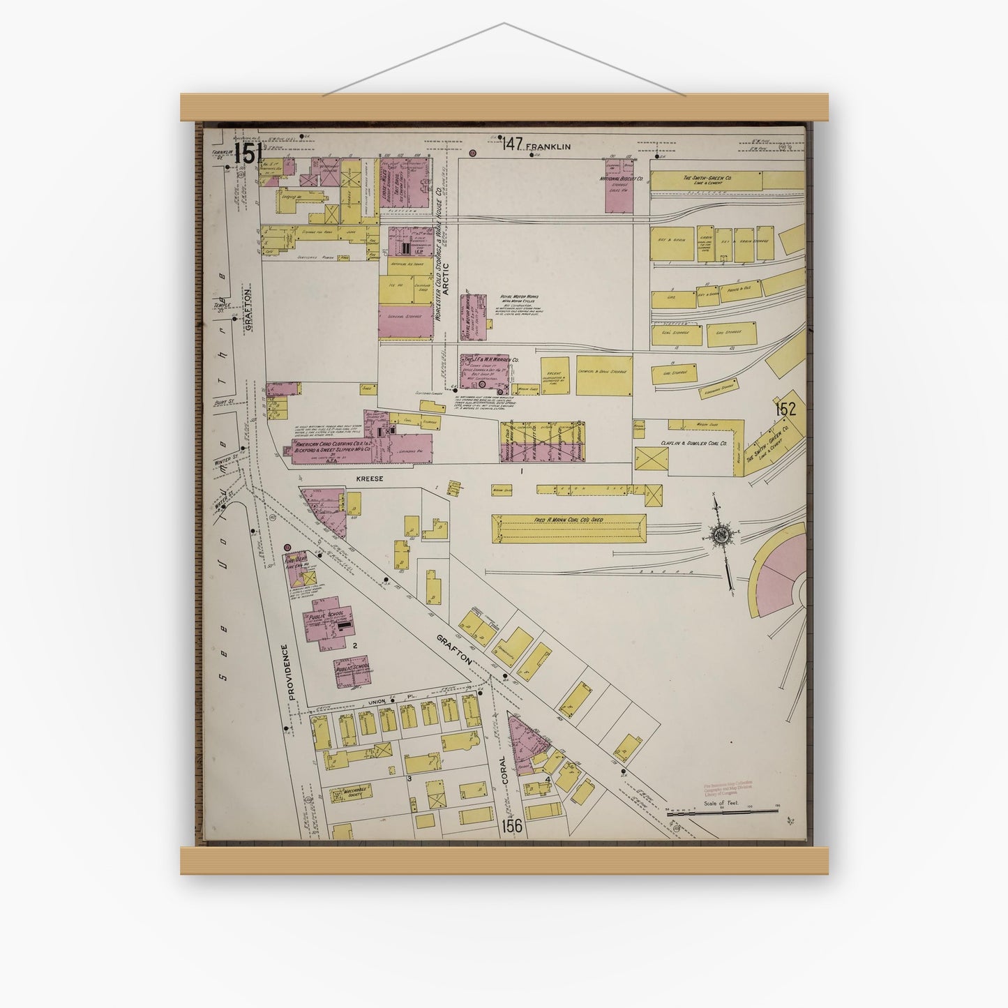 Old map wall art mockup — magnetic wood frame on white wall — Sanborn Fire Insurance Map from Worcester, Worcester County, Massachusetts (1910), Sheet #0151