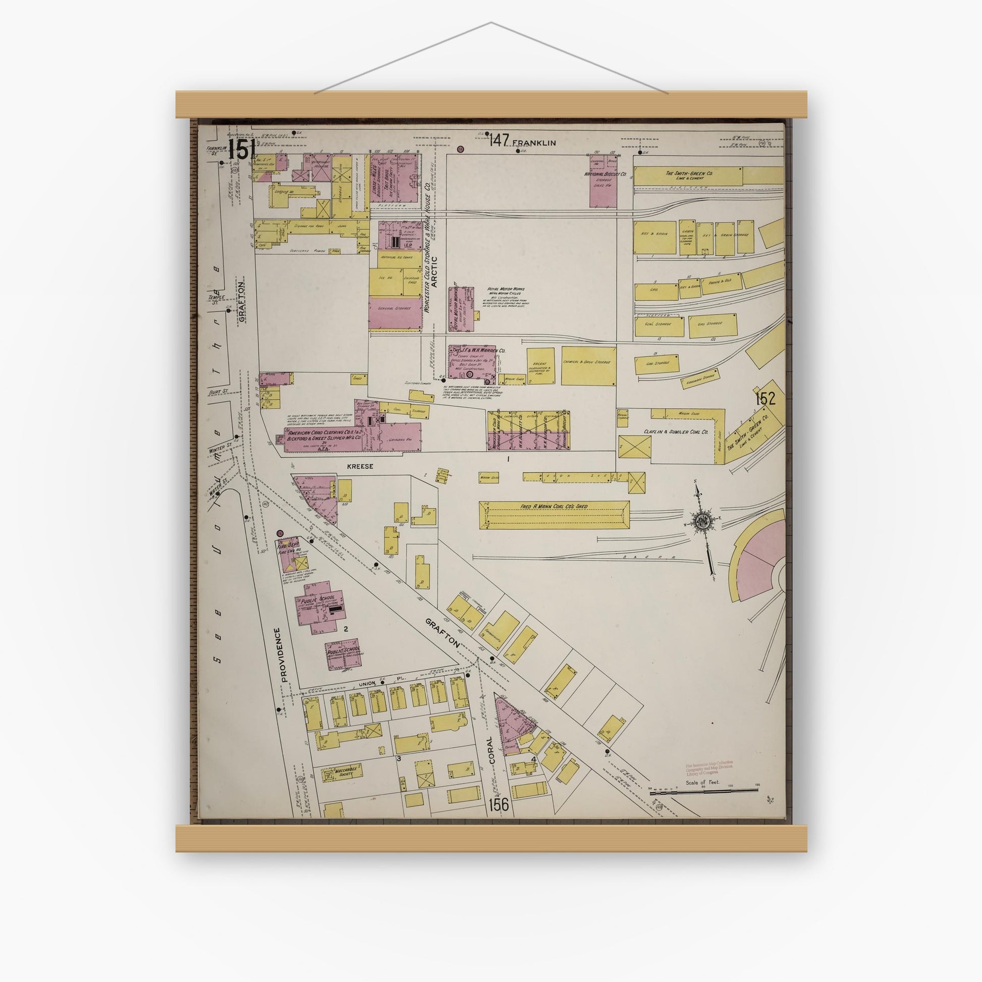 Old map wall art mockup — magnetic wood frame on white wall — Sanborn Fire Insurance Map from Worcester, Worcester County, Massachusetts (1910), Sheet #0151