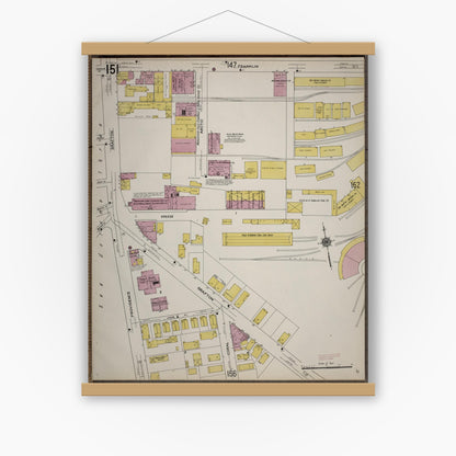 Old map wall art mockup — magnetic wood frame on white wall — Sanborn Fire Insurance Map from Worcester, Worcester County, Massachusetts (1910), Sheet #0151