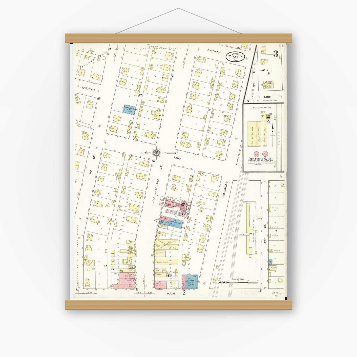 Old map wall art mockup — magnetic wood frame on white wall — Sanborn Fire Insurance Map from Traer, Tama County, Iowa (1913), Sheet #0003