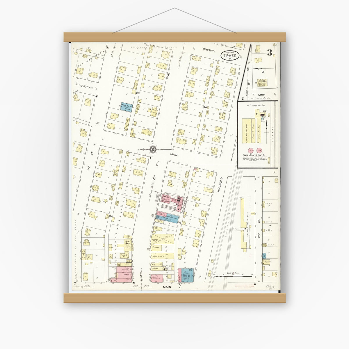Old map wall art mockup — magnetic wood frame on white wall — Sanborn Fire Insurance Map from Traer, Tama County, Iowa (1913), Sheet #0003