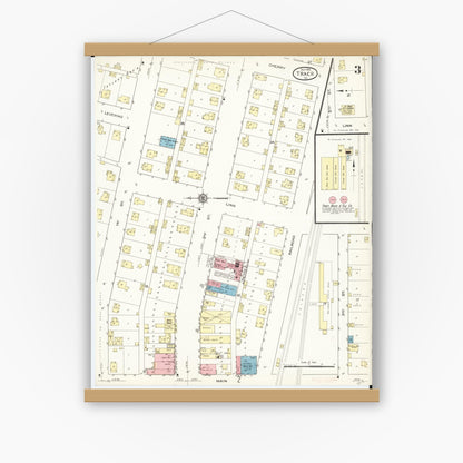 Old map wall art mockup — magnetic wood frame on white wall — Sanborn Fire Insurance Map from Traer, Tama County, Iowa (1913), Sheet #0003