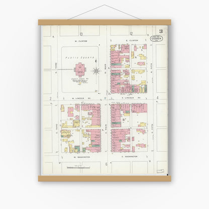 Old map wall art mockup — magnetic wood frame on white wall — Sanborn Fire Insurance Map from Goshen, Elkhart County, Indiana (1896), Sheet #0003