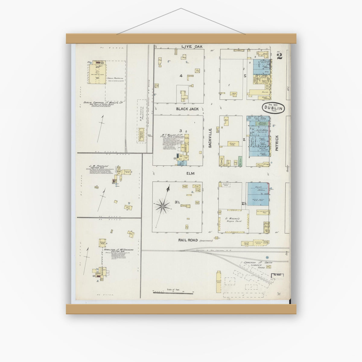 Old map wall art mockup — magnetic wood frame on white wall — Sanborn Fire Insurance Map from Dublin, Erath County, Texas (1891), Sheet #0002