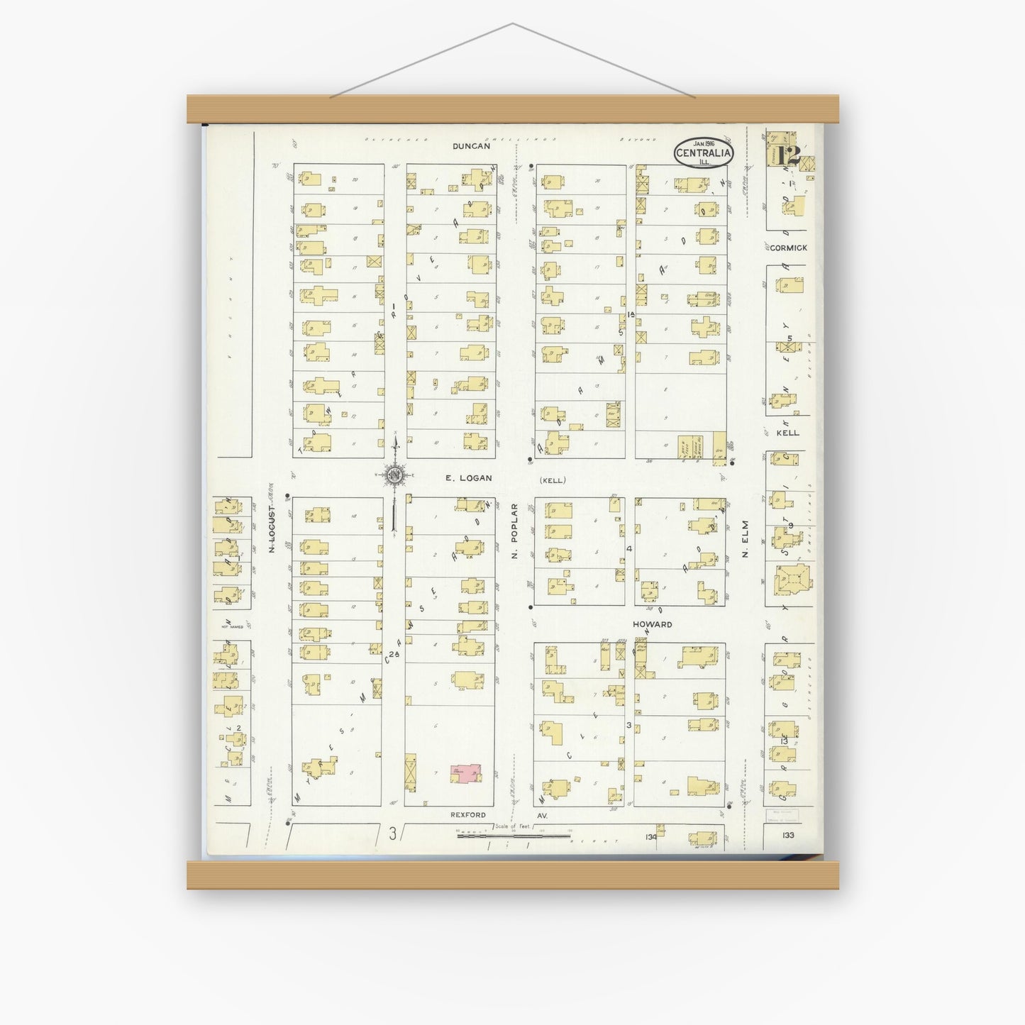 Old map wall art mockup — magnetic wood frame on white wall — Sanborn Fire Insurance Map from Centralia, Marion, Clinton, Jefferson, and Washington Counties, Illinois (1916), Sheet #0012