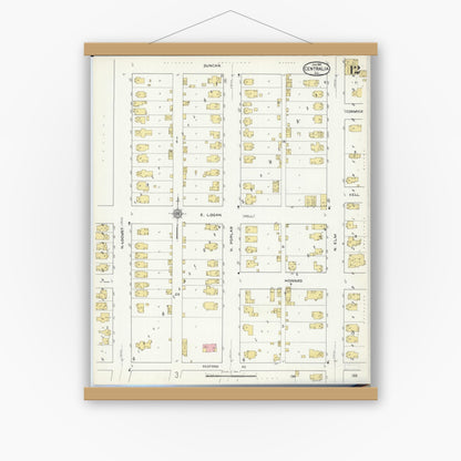 Old map wall art mockup — magnetic wood frame on white wall — Sanborn Fire Insurance Map from Centralia, Marion, Clinton, Jefferson, and Washington Counties, Illinois (1916), Sheet #0012