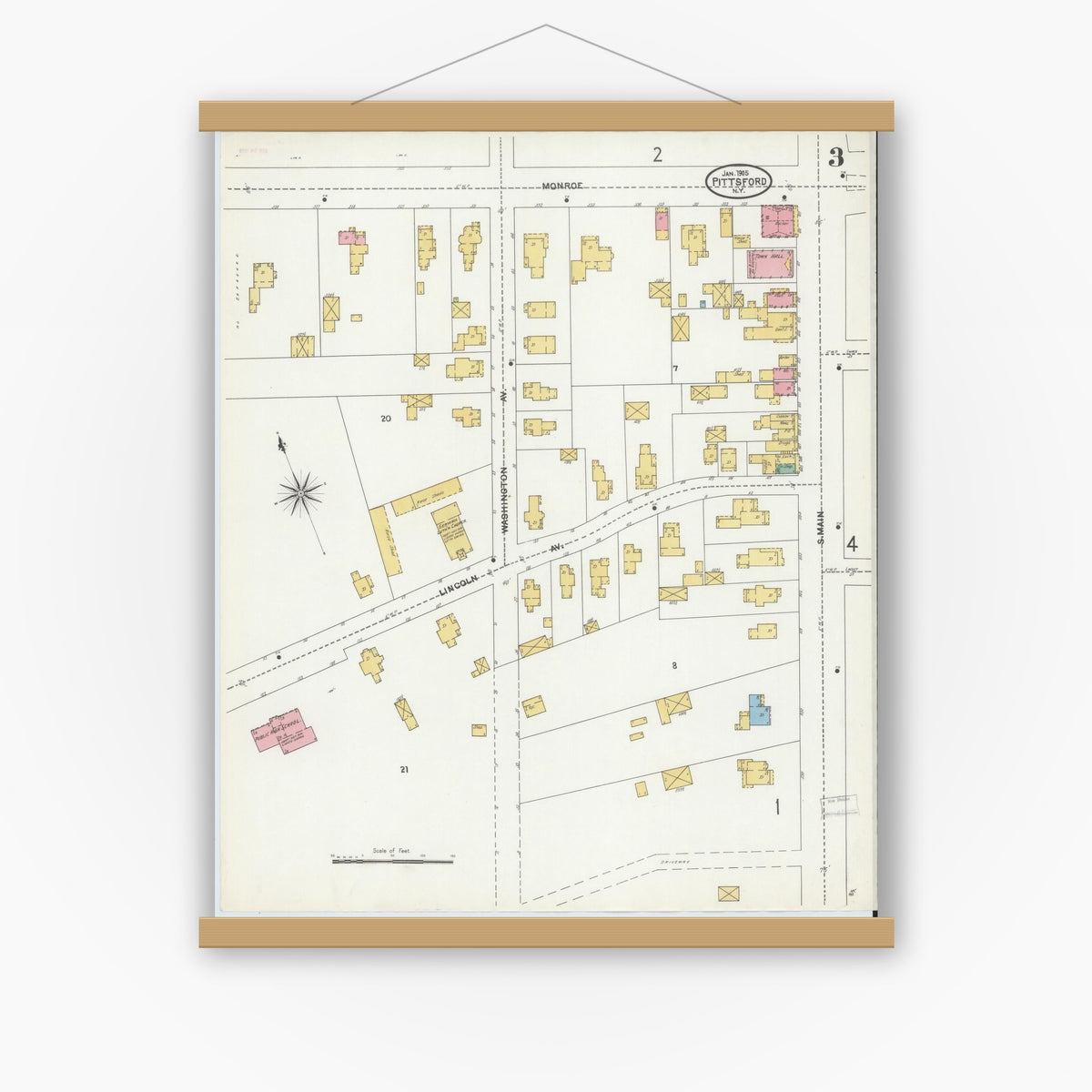 Old map wall art mockup — magnetic wood frame on white wall — Sanborn Fire Insurance Map from Pittsford, Monroe County, New York (1905), Sheet #0003