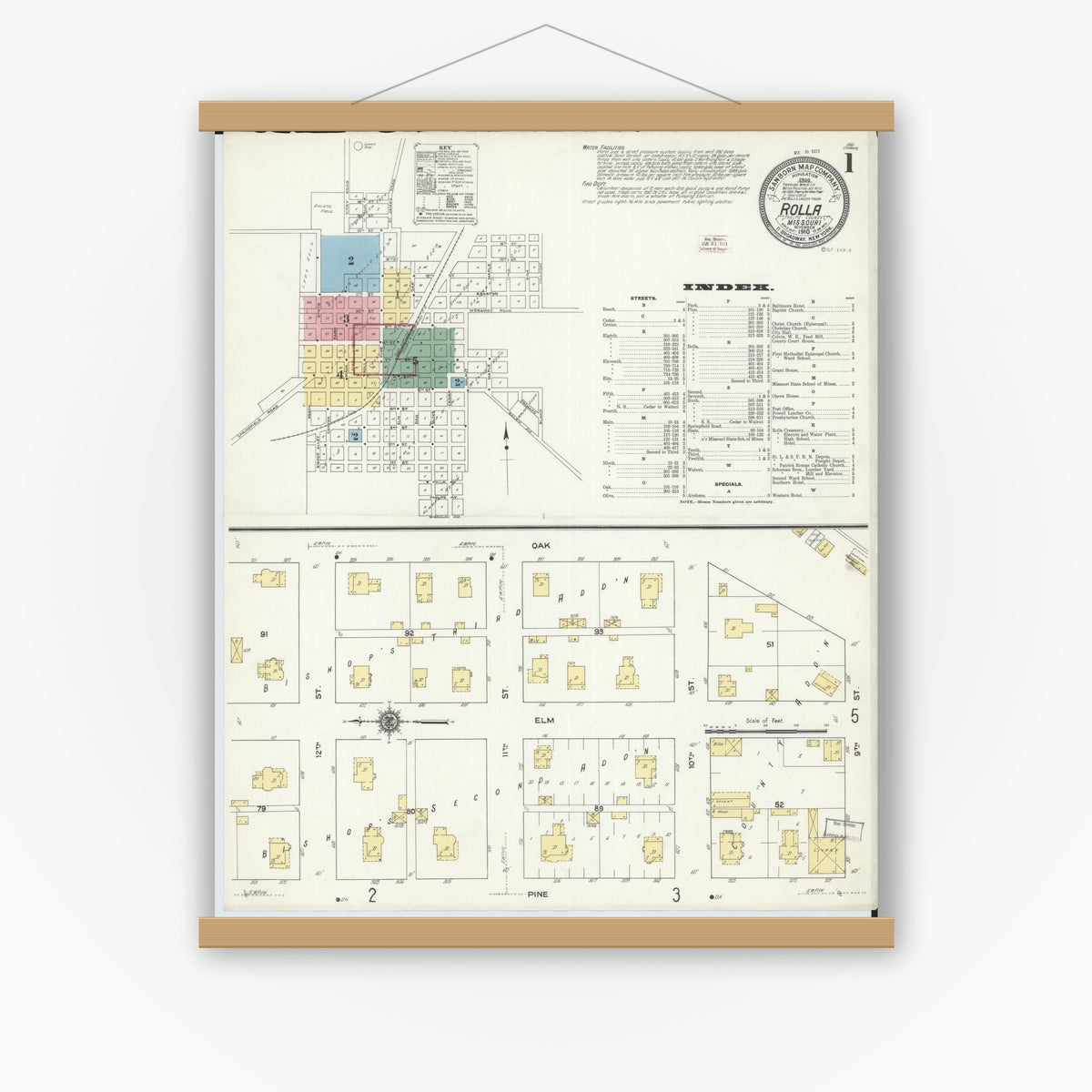 Old map wall art mockup — magnetic wood frame on white wall — Sanborn Fire Insurance Map from Rolla, Phelps County, Missouri (1910) - Complete Map Set