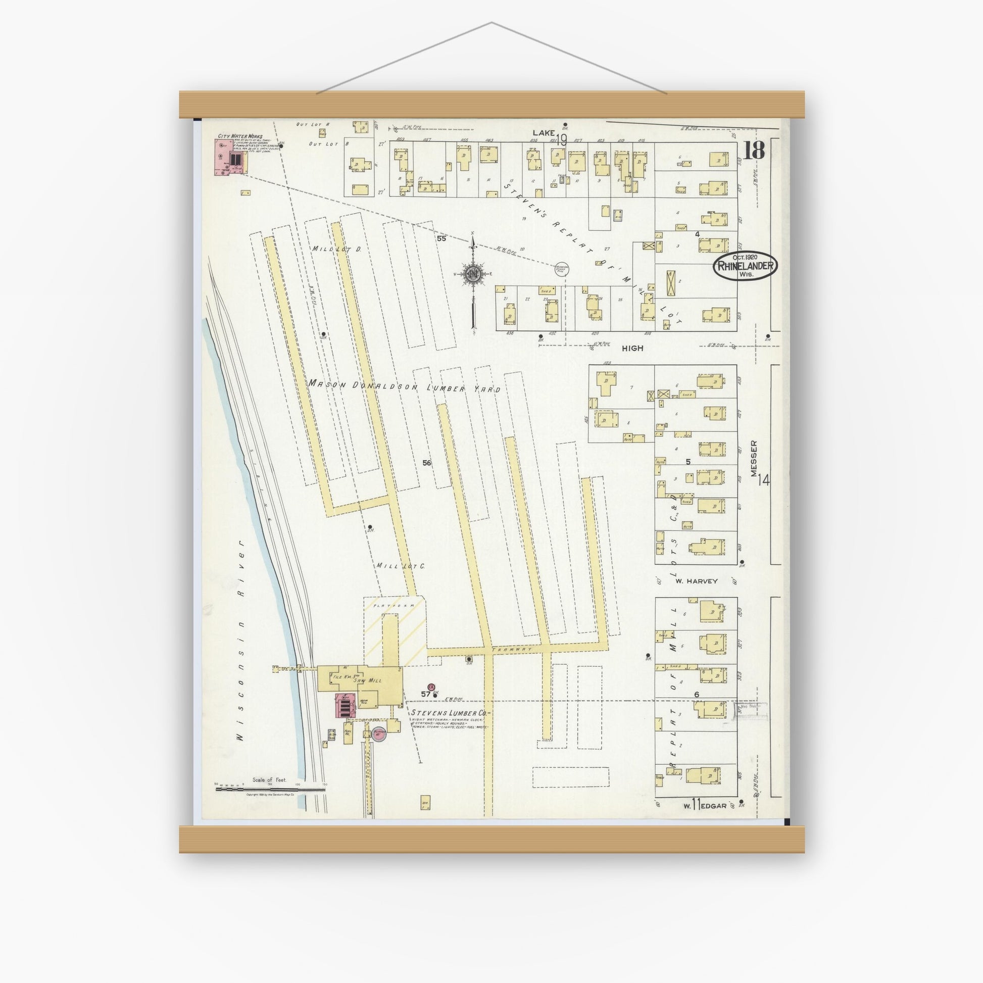 Old map wall art mockup — magnetic wood frame on white wall — Sanborn Fire Insurance Map from Rhinelander, Oneida County, Wisconsin (1920), Sheet #0018
