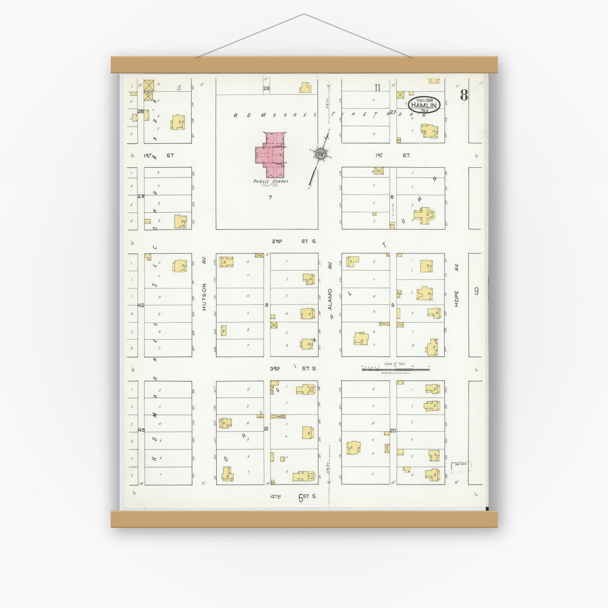 Old map wall art mockup — magnetic wood frame on white wall — Sanborn Fire Insurance Map from Hamlin, Jones County, Texas (1919), Sheet #0008