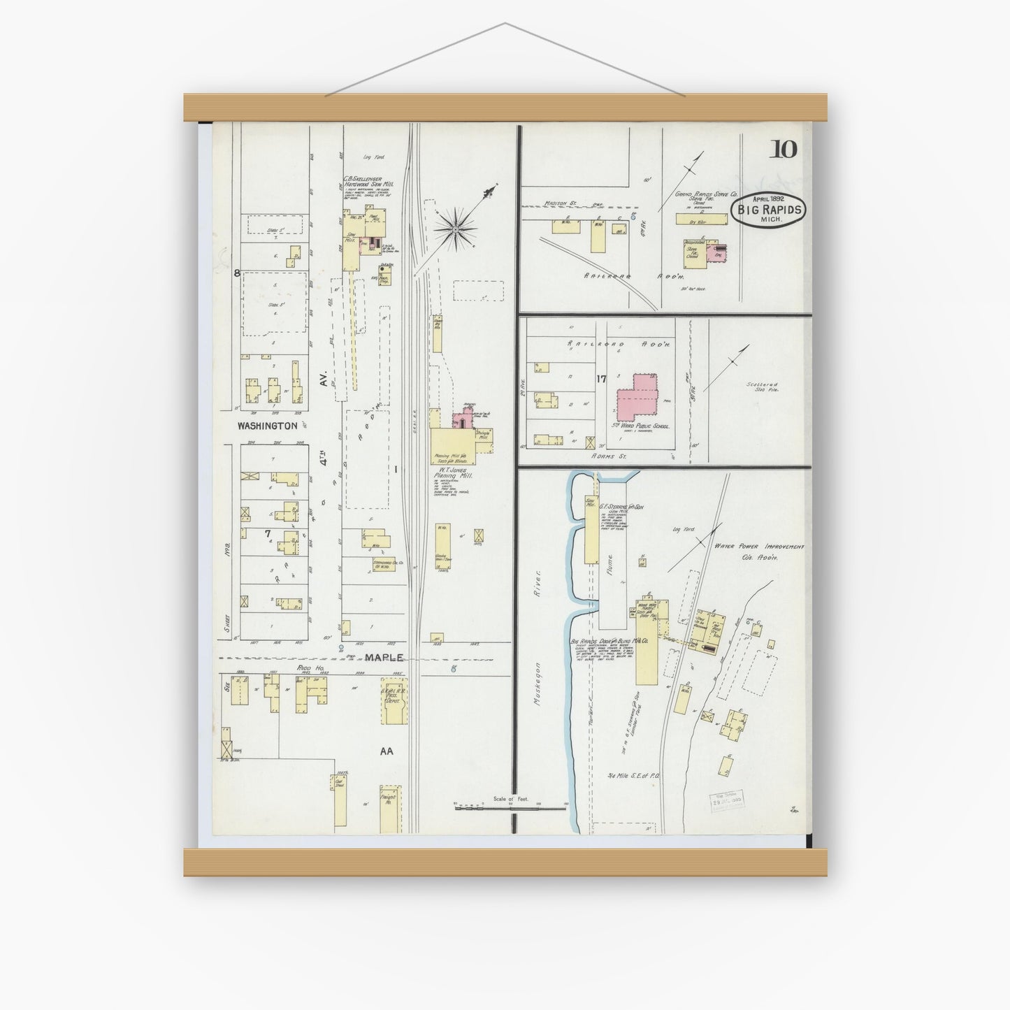 Old map wall art mockup — magnetic wood frame on white wall — Sanborn Fire Insurance Map from Big Rapids, Mecosta County, Michigan (1892), Sheet #0010