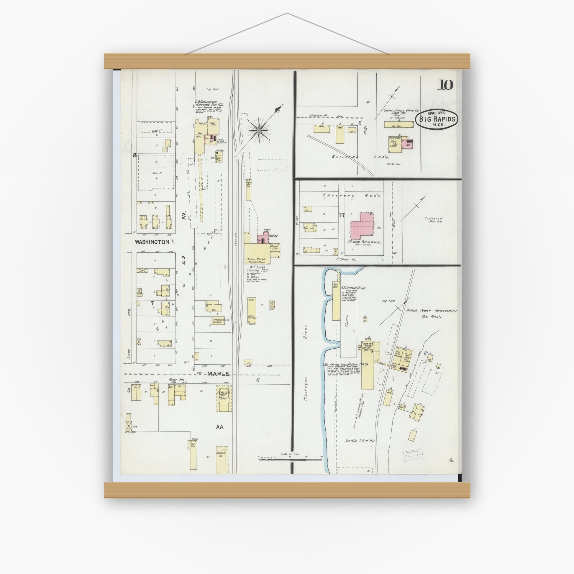 Old map wall art mockup — magnetic wood frame on white wall — Sanborn Fire Insurance Map from Big Rapids, Mecosta County, Michigan (1892), Sheet #0010