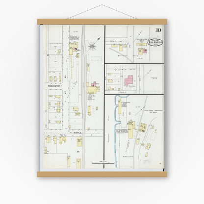 Old map wall art mockup — magnetic wood frame on white wall — Sanborn Fire Insurance Map from Big Rapids, Mecosta County, Michigan (1892), Sheet #0010