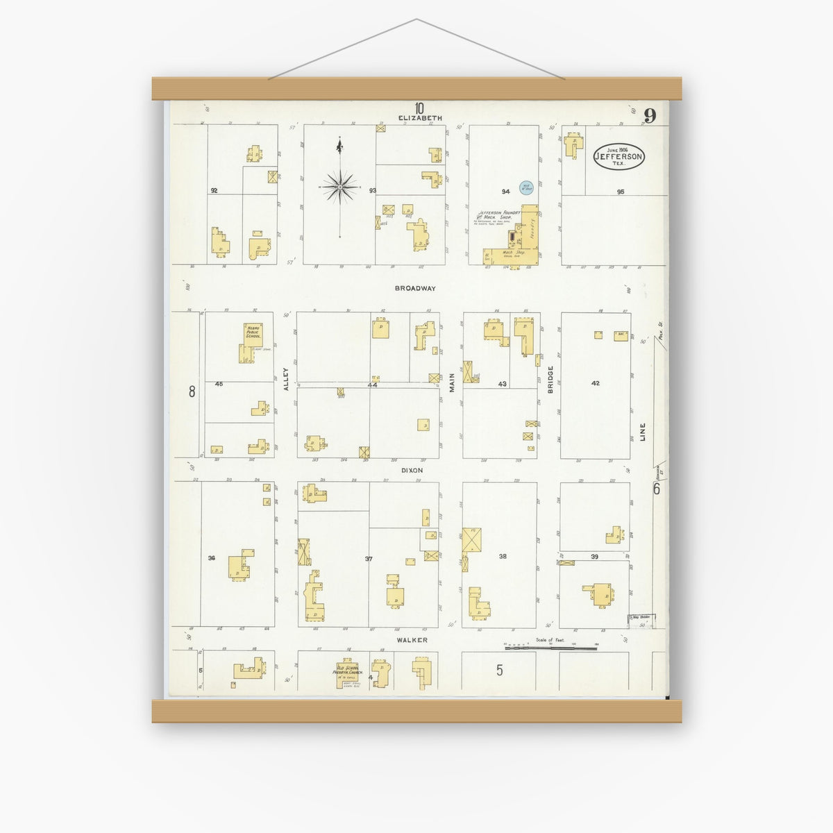 Old map wall art mockup — magnetic wood frame on white wall — Sanborn Fire Insurance Map from Jefferson, Marion County, Texas (1906), Sheet #0009