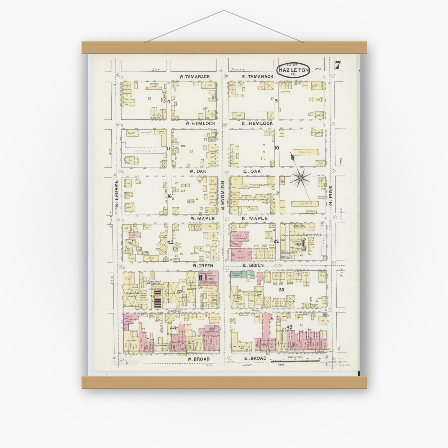 Old map wall art mockup — magnetic wood frame on white wall — Sanborn Fire Insurance Map from Hazleton, Luzerne County, Pennsylvania (1891), Sheet #0007
