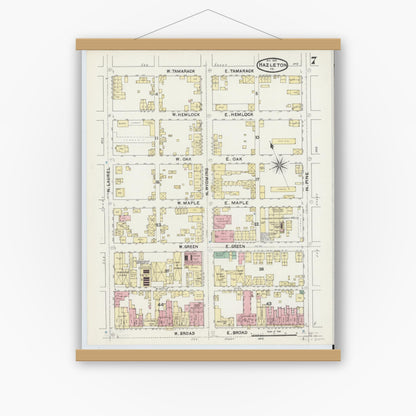 Old map wall art mockup — magnetic wood frame on white wall — Sanborn Fire Insurance Map from Hazleton, Luzerne County, Pennsylvania (1891), Sheet #0007