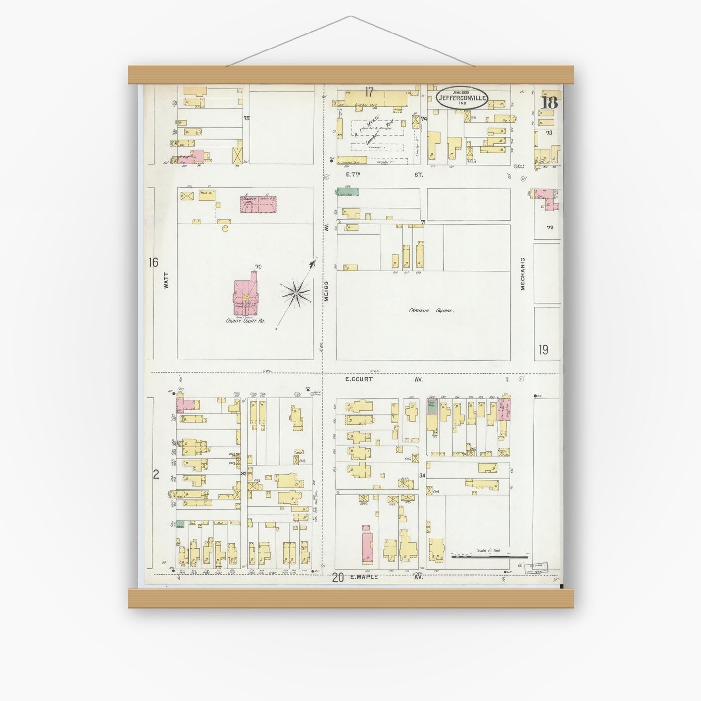 Old map wall art mockup — magnetic wood frame on white wall — Sanborn Fire Insurance Map from Jeffersonville, Clark County, Indiana (1898), Sheet #0018