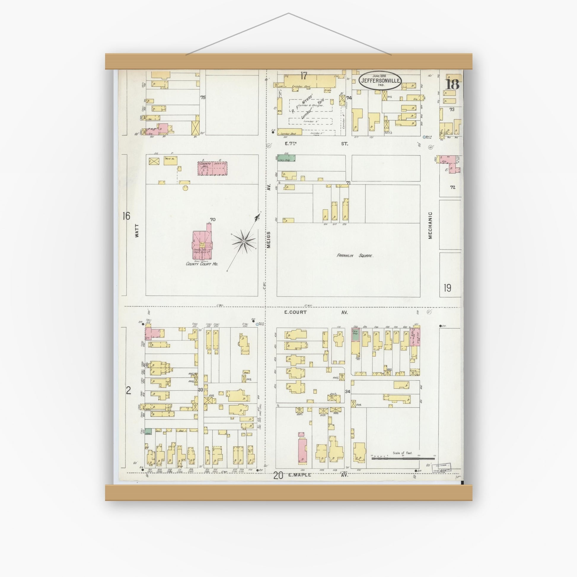 Old map wall art mockup — magnetic wood frame on white wall — Sanborn Fire Insurance Map from Jeffersonville, Clark County, Indiana (1898), Sheet #0018