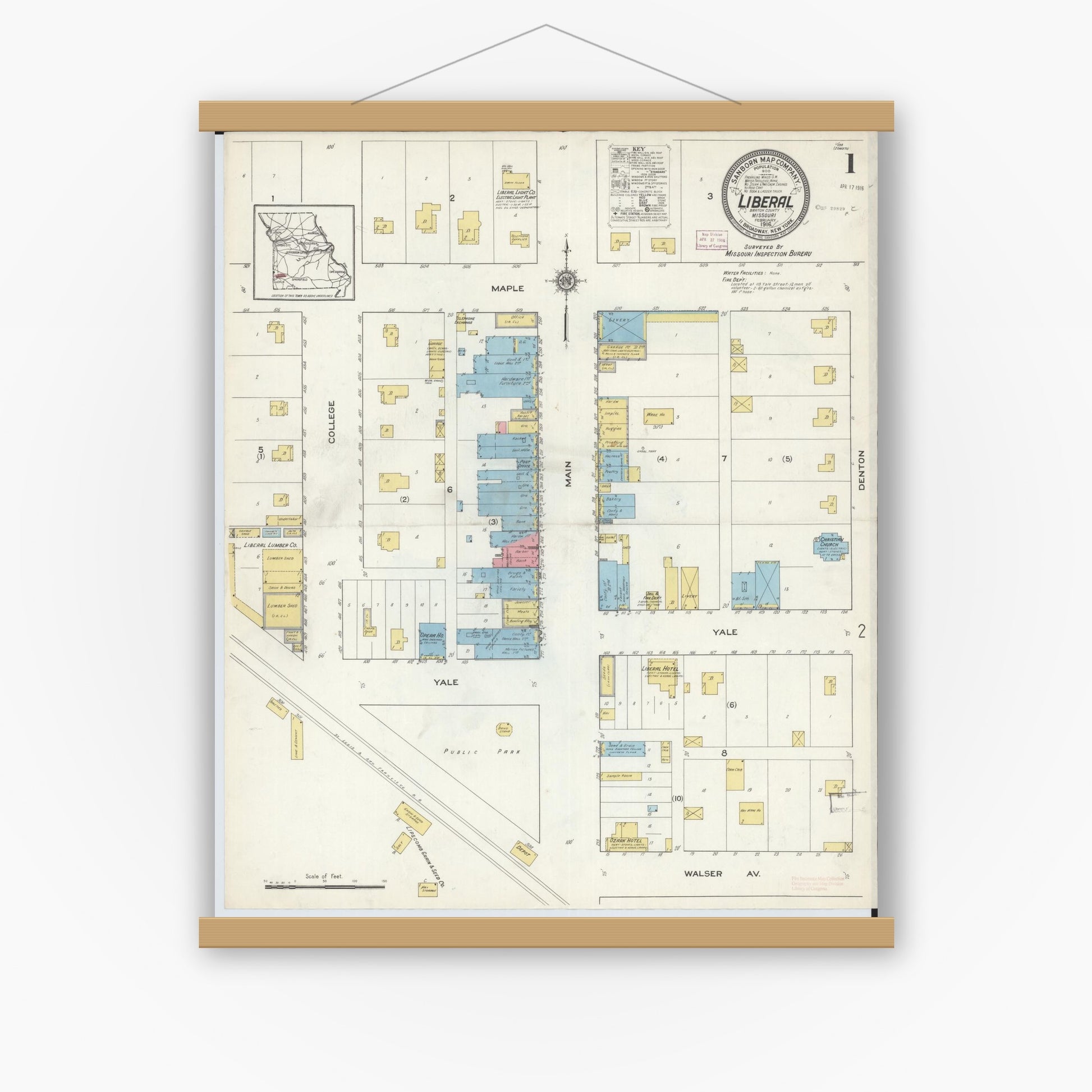 Old map wall art mockup — magnetic wood frame on white wall — Sanborn Fire Insurance Map from Liberal, Barton County, Missouri (1916), Sheet #0001