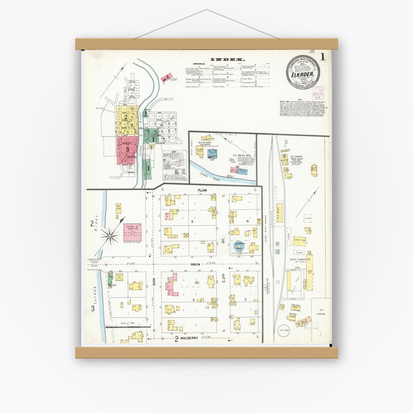 Old map wall art mockup — magnetic wood frame on white wall — Sanborn Fire Insurance Map from Elkader, Clayton County, Iowa (1902), Sheet #0001