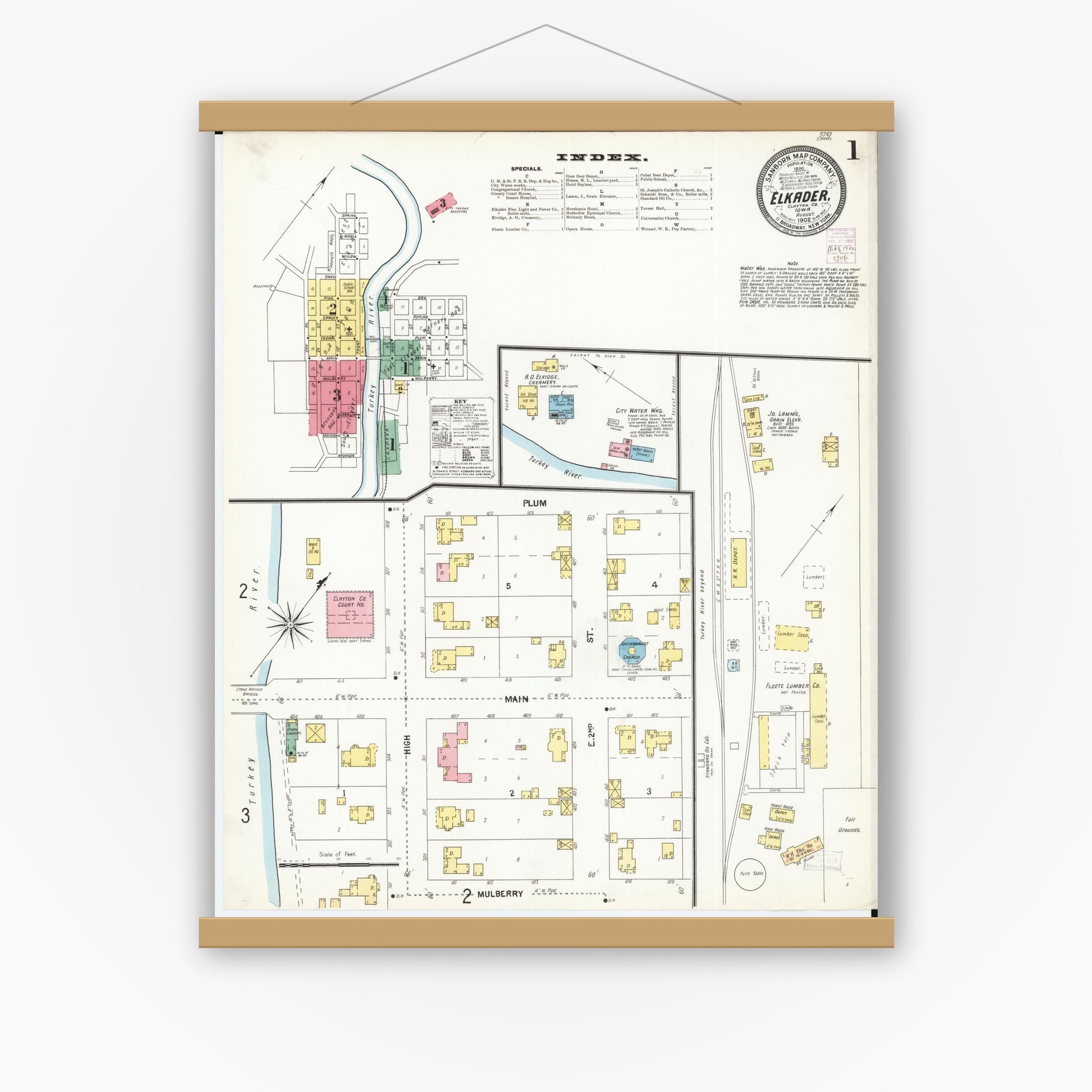 Old map wall art mockup — magnetic wood frame on white wall — Sanborn Fire Insurance Map from Elkader, Clayton County, Iowa (1902), Sheet #0001