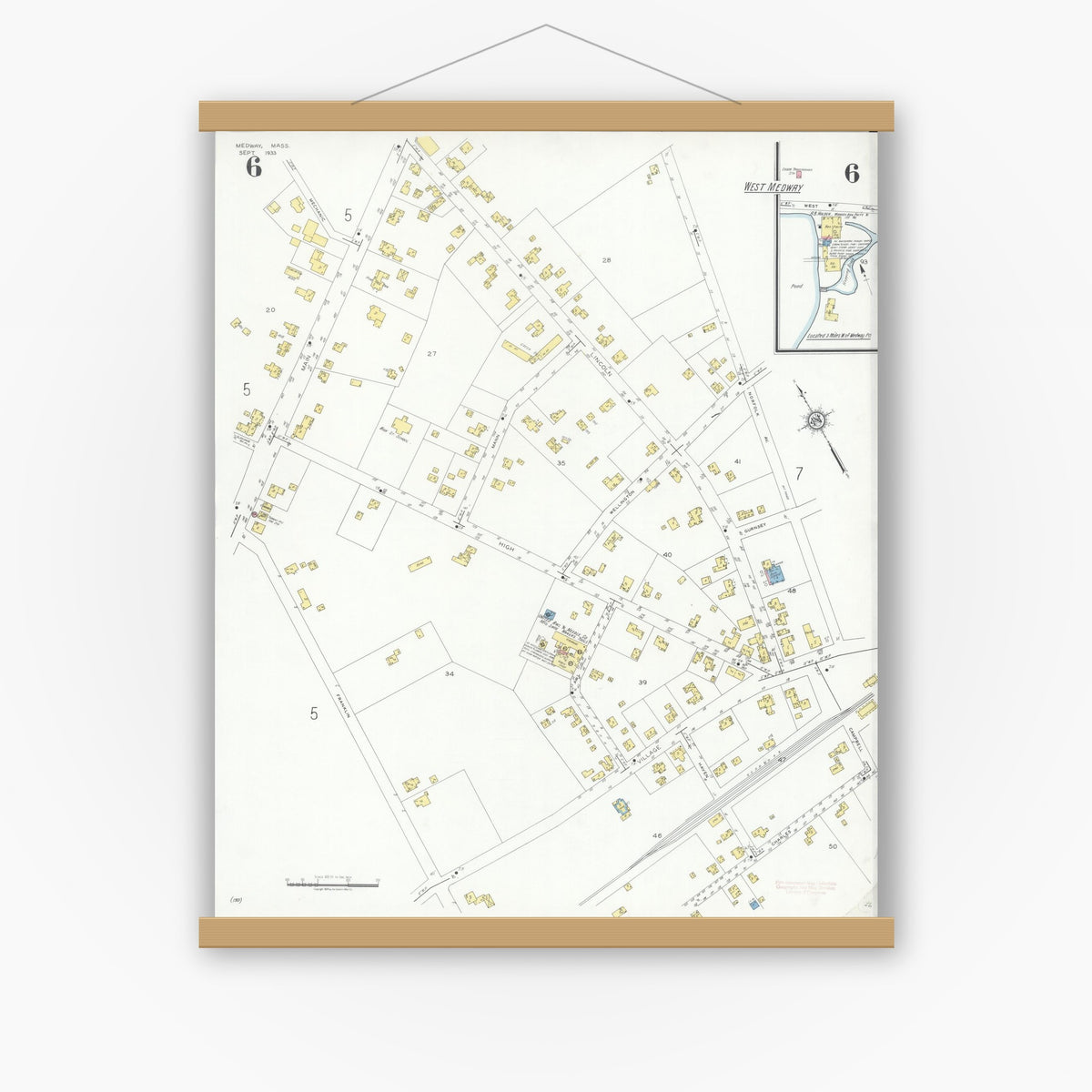 Old map wall art mockup — magnetic wood frame on white wall — Sanborn Fire Insurance Map from Medway, Norfolk County, Massachusetts (1933), Sheet #0006