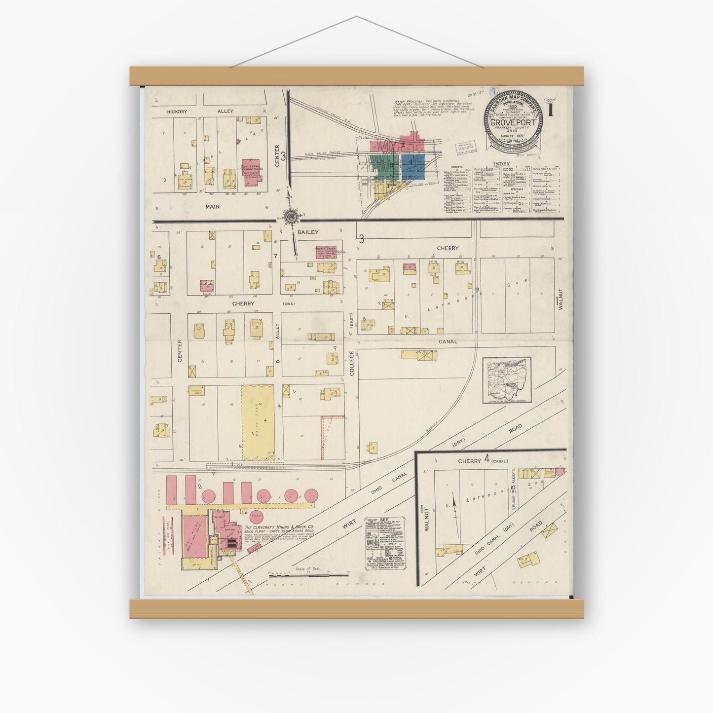 Old map wall art mockup — magnetic wood frame on white wall — Sanborn Fire Insurance Map from Groveport, Franklin County, Ohio (1922), Sheet #0001