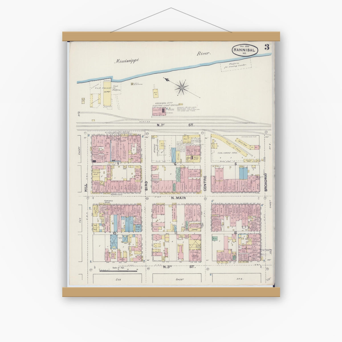 Old map wall art mockup — magnetic wood frame on white wall — Sanborn Fire Insurance Map from Hannibal, Marion County, Missouri (1890), Sheet #0003