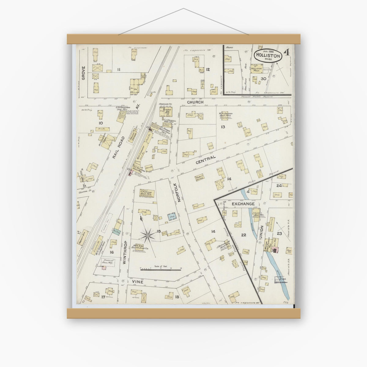 Old map wall art mockup — magnetic wood frame on white wall — Sanborn Fire Insurance Map from Holliston, Middlesex County, Massachusetts (1888), Sheet #0004