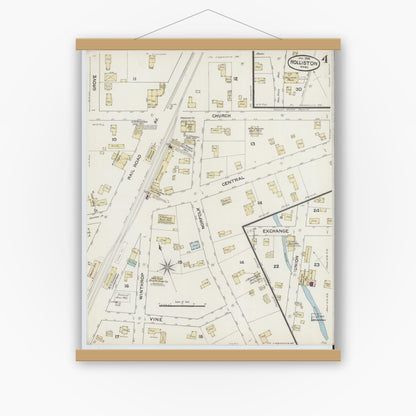 Old map wall art mockup — magnetic wood frame on white wall — Sanborn Fire Insurance Map from Holliston, Middlesex County, Massachusetts (1888), Sheet #0004