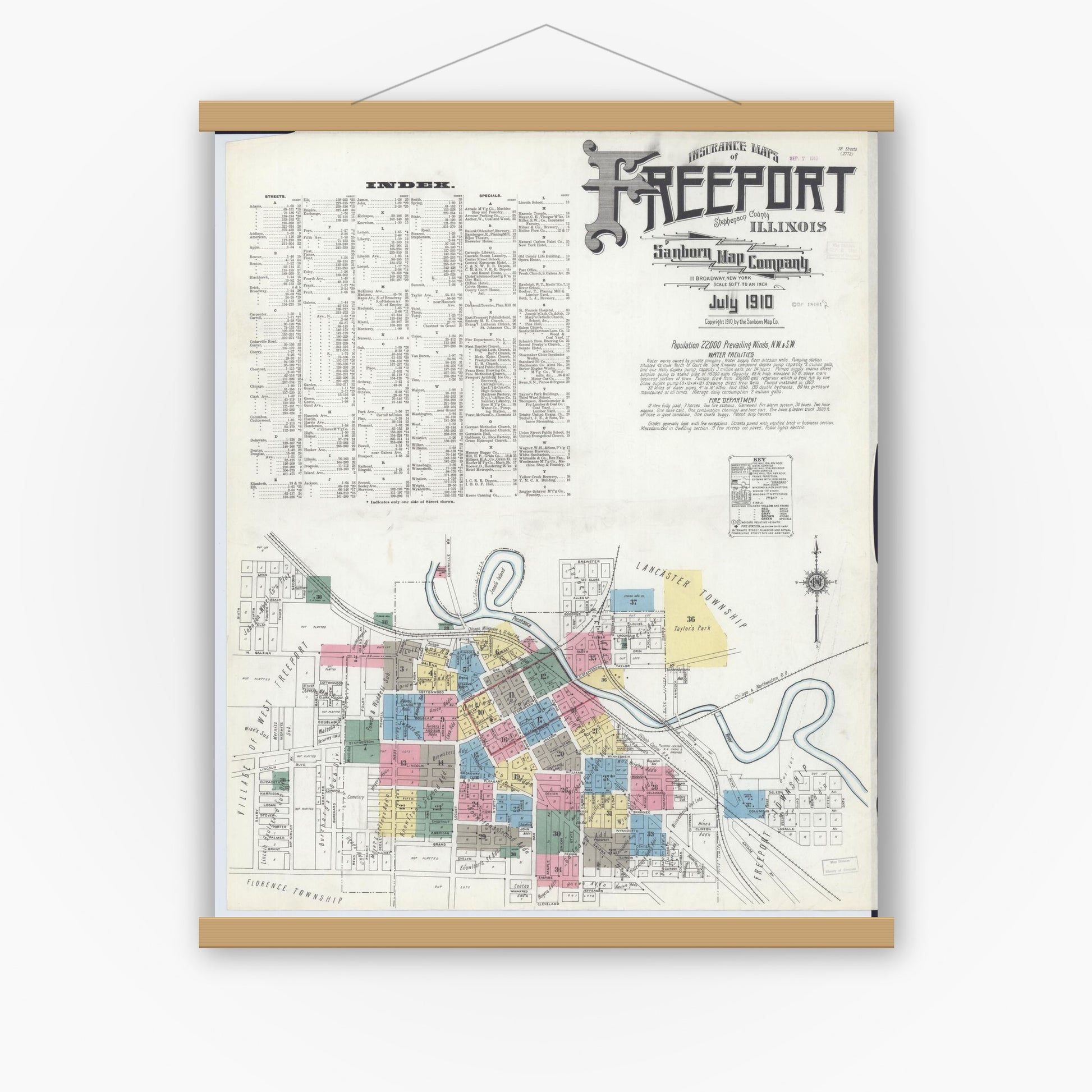 Old map wall art mockup — magnetic wood frame on white wall — Sanborn Fire Insurance Map from Freeport, Stephenson County, Illinois (1910) - Complete Map Set