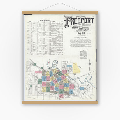 Old map wall art mockup — magnetic wood frame on white wall — Sanborn Fire Insurance Map from Freeport, Stephenson County, Illinois (1910) - Complete Map Set