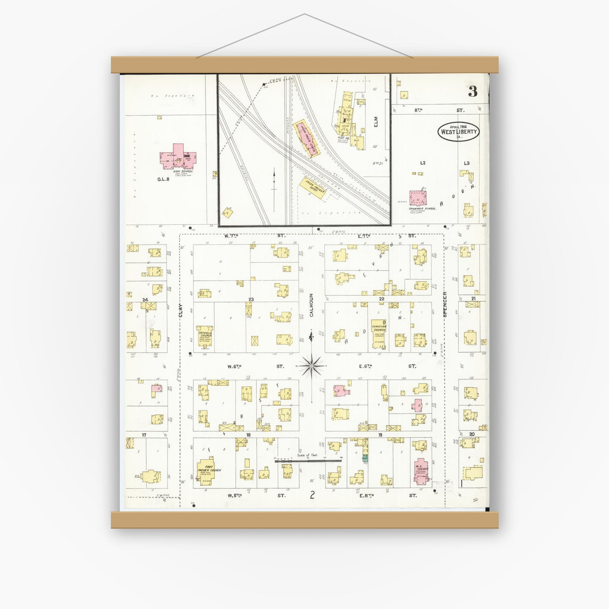 Old map wall art mockup — magnetic wood frame on white wall — Sanborn Fire Insurance Map from West Liberty, Muscatine County, Iowa (1906), Sheet #0003