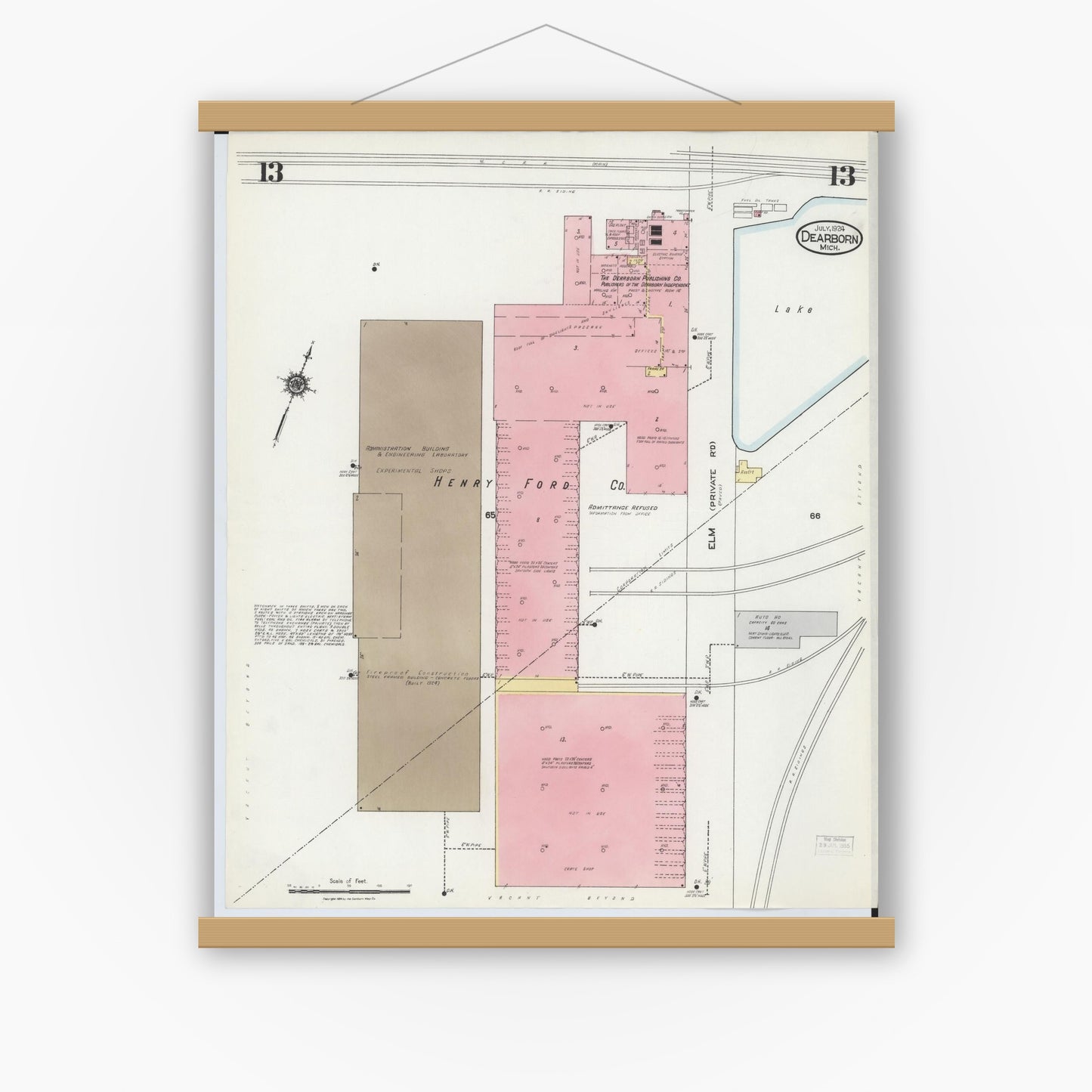 Old map wall art mockup — magnetic wood frame on white wall — Sanborn Fire Insurance Map from Dearborn, Wayne County, Michigan (1924), Sheet #0013
