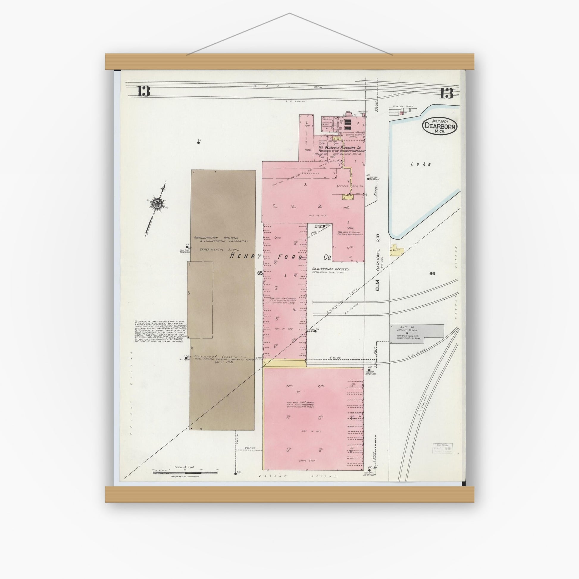 Old map wall art mockup — magnetic wood frame on white wall — Sanborn Fire Insurance Map from Dearborn, Wayne County, Michigan (1924), Sheet #0013
