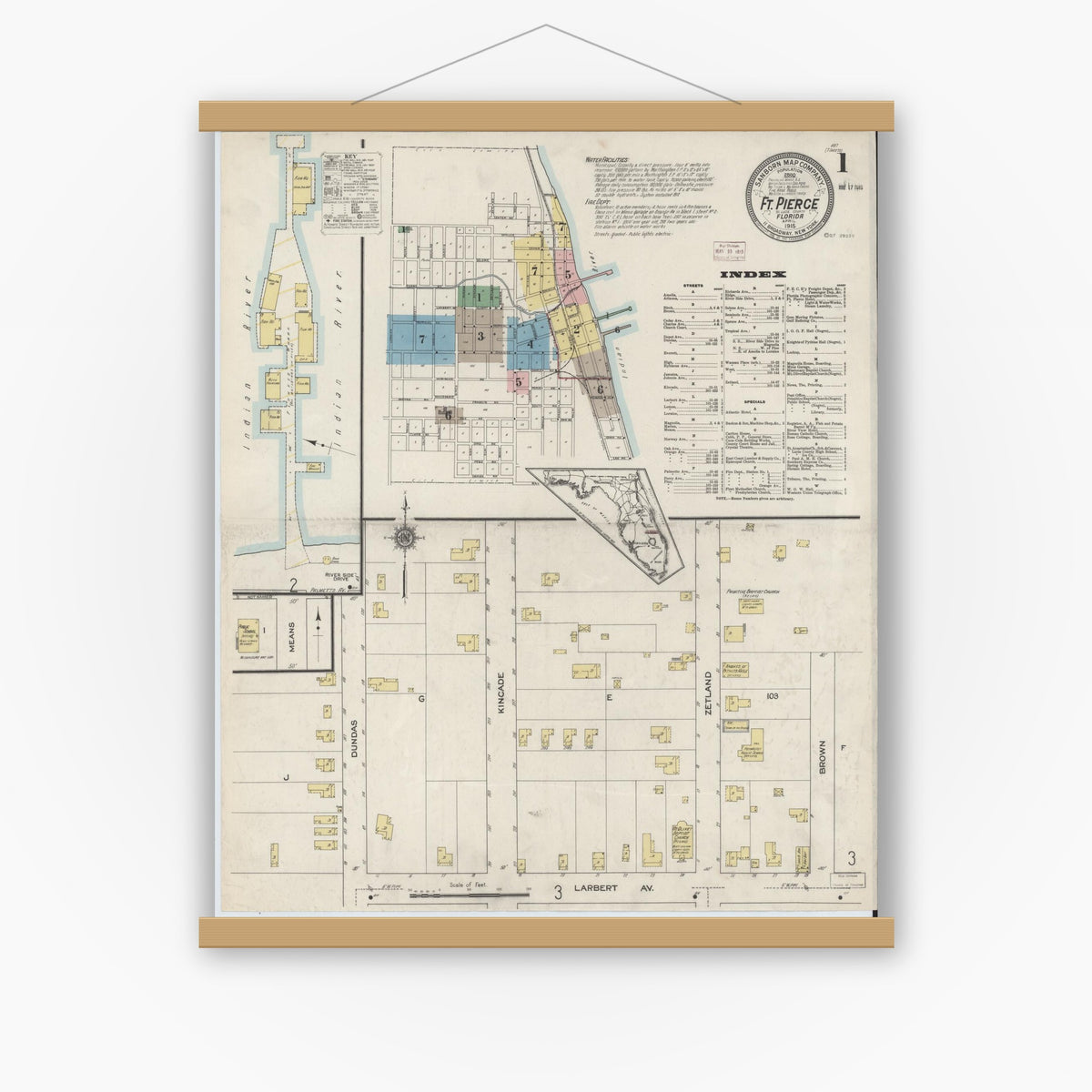 Old map wall art mockup — magnetic wood frame on white wall — Sanborn Fire Insurance Map from Fort Pierce, St Lucie County, Florida (1915) - Complete Map Set
