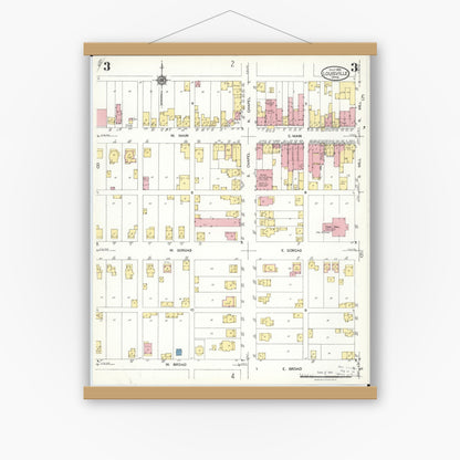 Old map wall art mockup — magnetic wood frame on white wall — Sanborn Fire Insurance Map from Louisville, Stark County, Ohio (1923), Sheet #0003