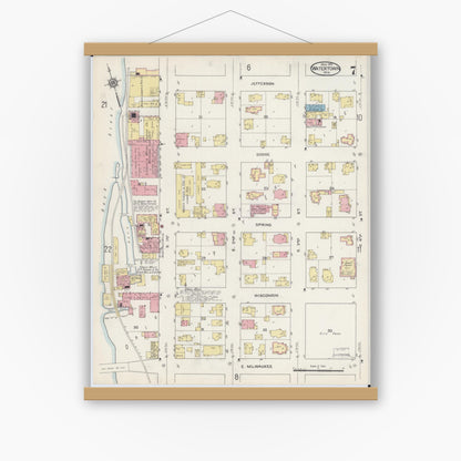 Old map wall art mockup — magnetic wood frame on white wall — Sanborn Fire Insurance Map from Watertown, Jefferson County, Wisconsin (1915), Sheet #0008