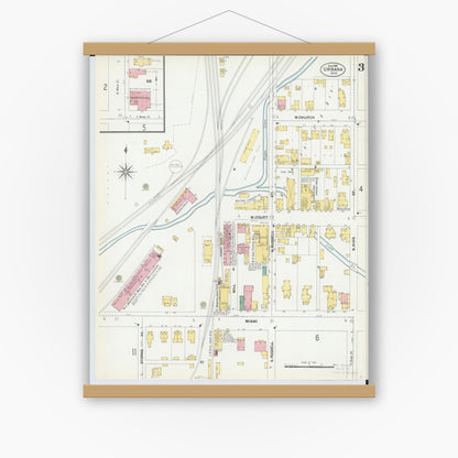 Old map wall art mockup — magnetic wood frame on white wall — Sanborn Fire Insurance Map from Urbana, Champaign County, Ohio (1901), Sheet #0003